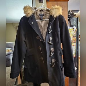 American Eagle Wool Pea Coat Faux Fur Hood